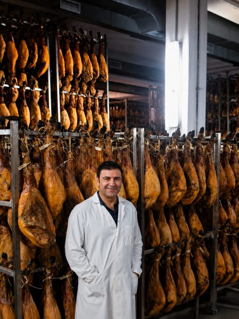 El proceso de curación del jamón ibérico: tradición, tiempo y excelencia Maestro jamonero supervisando jamones ibéricos en secadero tradicional de Guijuelo.