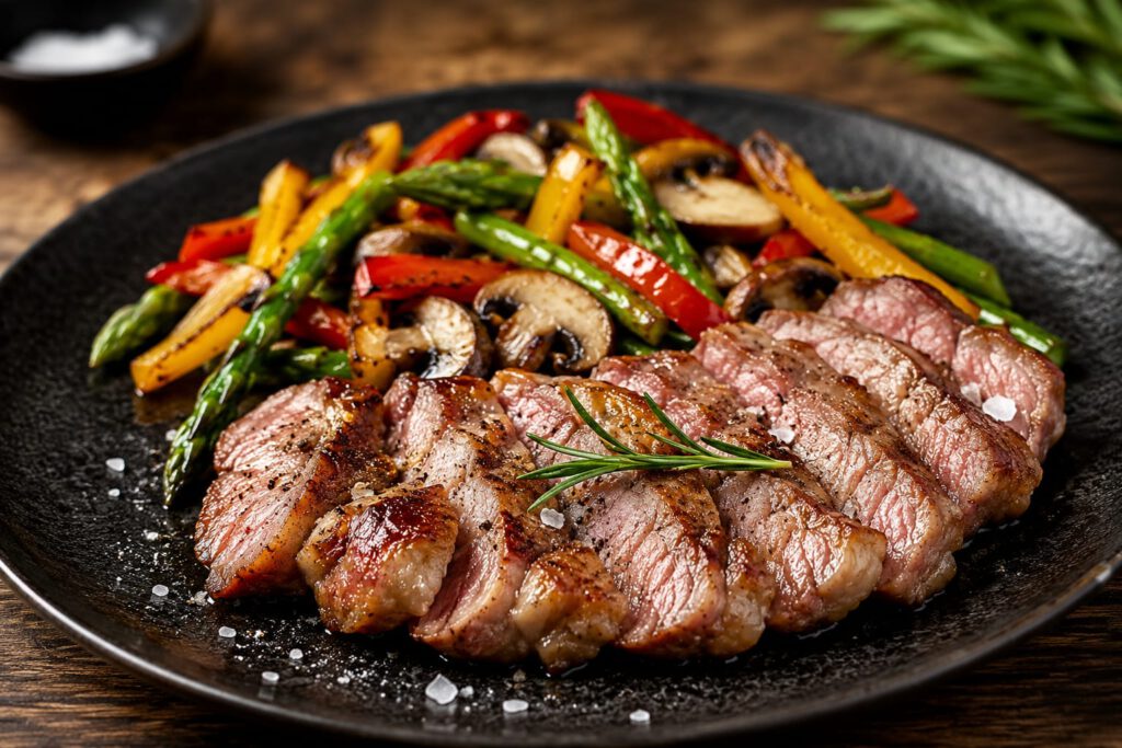 Receta de secreto ibérico a la plancha con verduras salteadas Secreto ibérico a la plancha servido con verduras salteadas en presentación gourmet.
