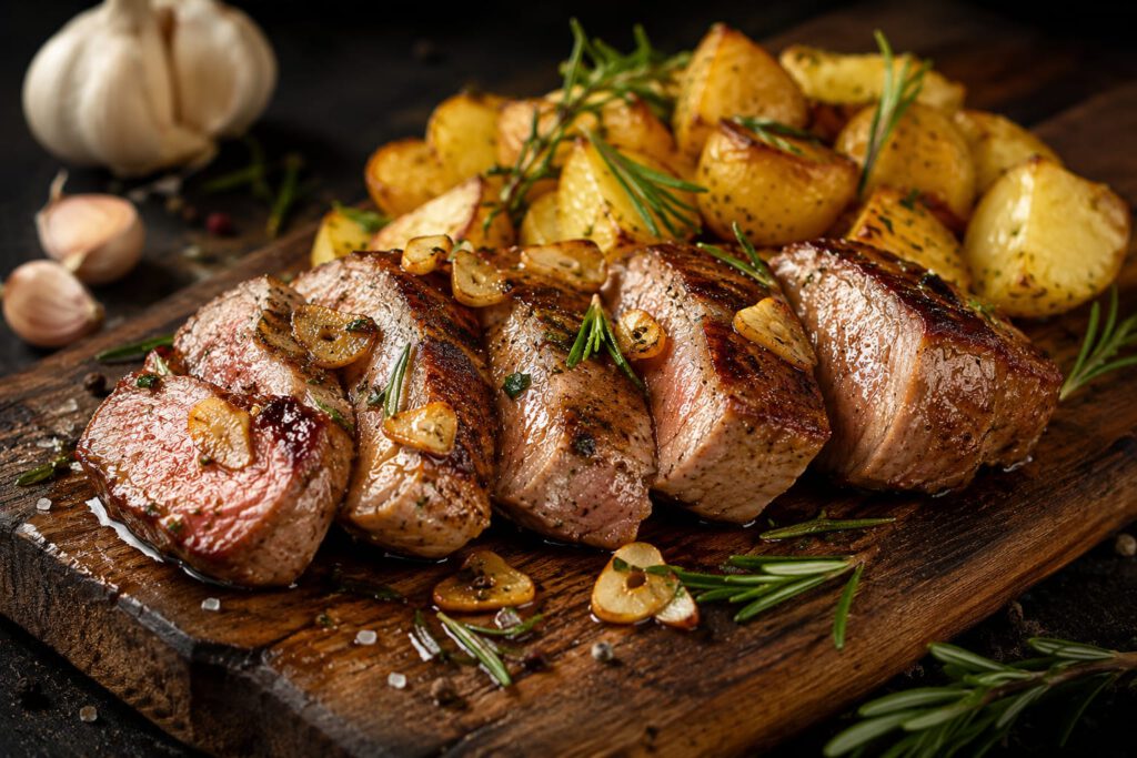 Receta gourmet de solomillo ibérico Solomillo ibérico al ajillo con patatas doradas