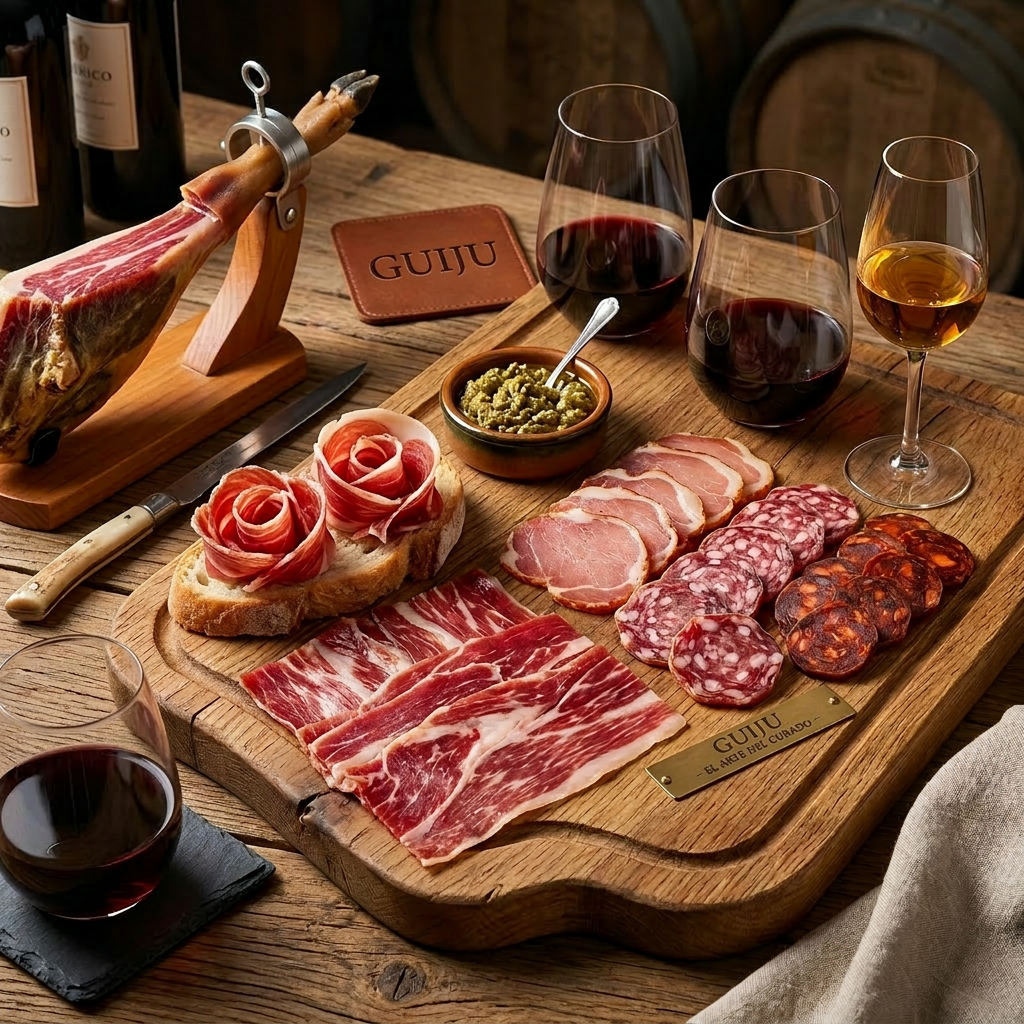 Wooden board with Iberico cured meats, bread with ham roses, green relish, and glasses of red and amber wine