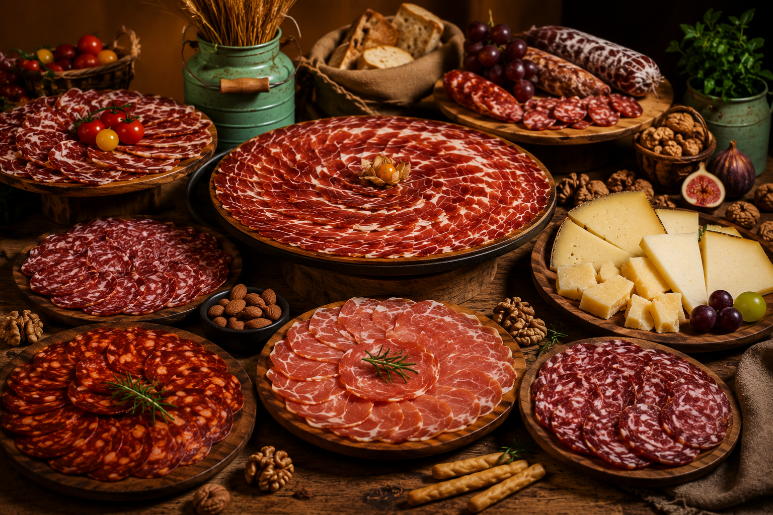 Mesa gourmet de embutidos ibéricos con chorizo, salchichón y productos artesanales españoles
